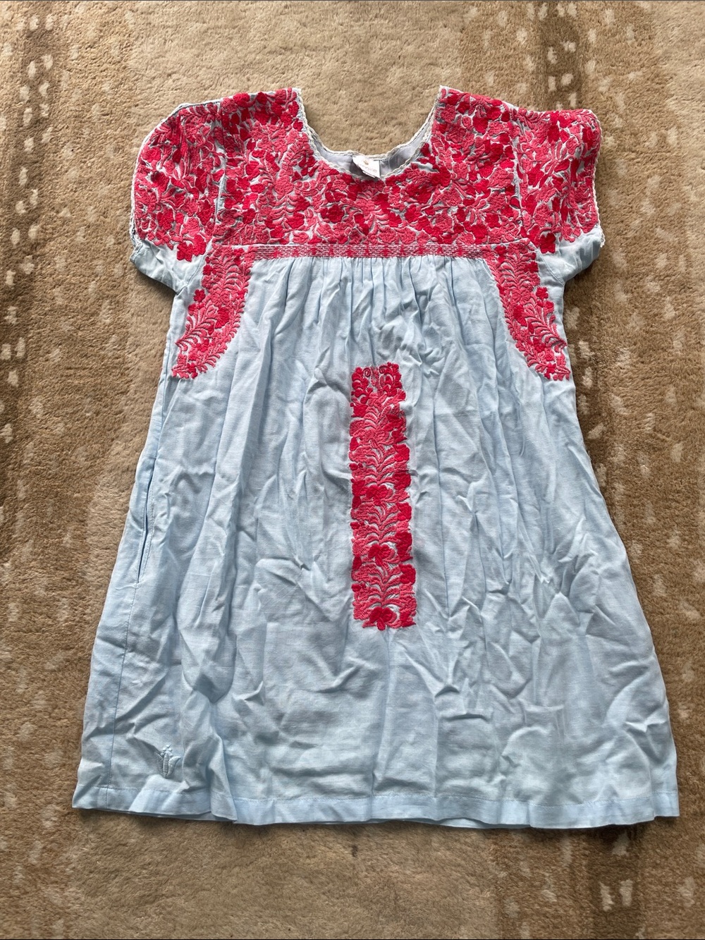 J. Marie Embroidered Light Blue Tunic Dress with Pink/Red Floral Yoke